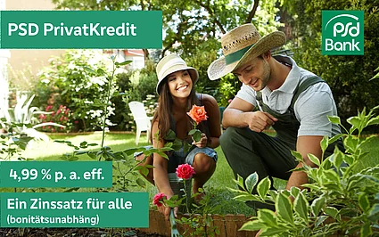 Zwei Personen arbeiten gemeinsam im Garten zwischen Blumen und Pflanzen. Sichtbarer Text im Bild:"PSD PrivatKredit"; "4,99 % p. a. eff."; "Ein Zinssatz für alle (bonitätsunabhängig)"