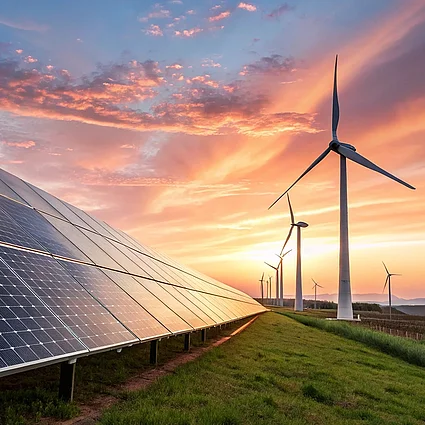 Solaranlage und Windräder bei Sonnenuntergang als Symbol für erneuerbare Energie und nachhaltige Stromerzeugung.